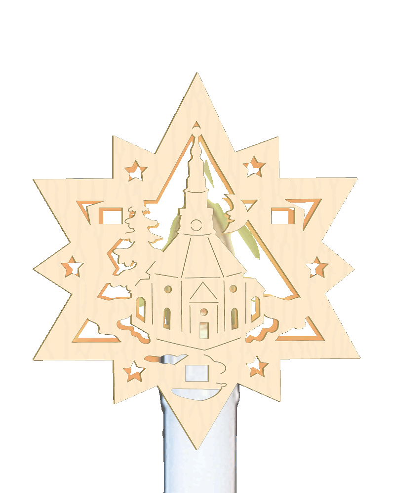 Kerzenaufstecker Stern mit Seiffner Kirche naturfarben Aufsteckstern für Kerzen mit Motiv