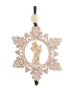 Schnitzengel-Behang<br>Stern mit Hänge-Arrangement<br>Schnitzfigur „Engel mit Geschenk“
