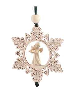 Schnitzengel-Behang<br>Stern mit Hänge-Arrangement<br>Schnitzfigur „Engel mit Glöckchen“