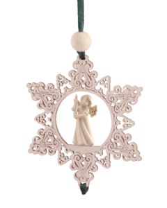 Schnitzengel-Behang<br>Stern mit Hänge-Arrangement<br>Schnitzfigur „Engel mit Kerze“