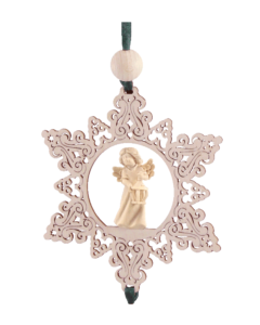 Schnitzengel-Behang<br>Stern mit Hänge-Arrangement<br>Schnitzfigur „Engel mit Laterne“