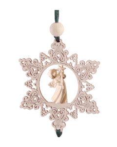 Schnitzengel-Behang<br>Stern mit Hänge-Arrangement<br>Schnitzfigur „Engel mit Sternenzepter“