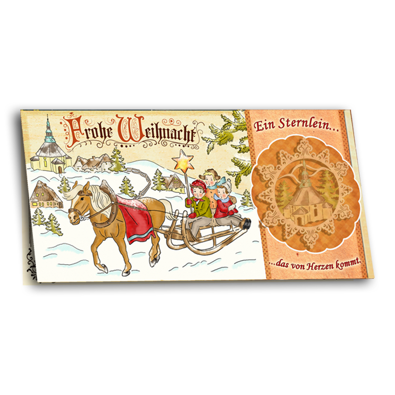 Weihnachtskarte mit Bild "Pferd mit Schlitten" und Schriftzug "Frohes Fest" Weihnachtsgrußkarte mit Christbaumschmuck Laubsägearbeit "Seiffner Kirche"